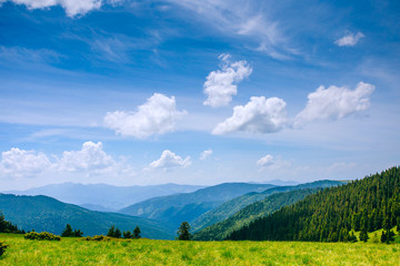 Fototapeta premium Mountain valley landscape with blue sky. Summer time.