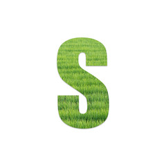 Alphabet text from green grass field texture on white background