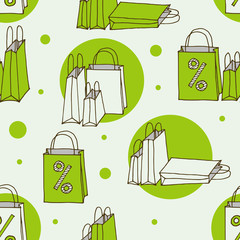 Bright vector seamless pattern, Big Sale or shopping concept. Pattern design for shop, online store in cartoon style. Discount. Shopping cart and bags doodle. Vector illustration in hand drawn style.