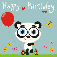 Happy birthday! Funny panda going on scooter with red balloon. Birthday card with little panda in cartoon style for child birthday.
