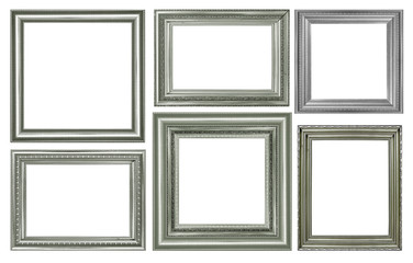 collection of vintage silver and wood picture frame, isolated on white