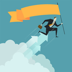Businessman hold flag above cloud, metaphor or symbol of overcoming adversity in strategy and finding leadership solutions corporate of success. Vector Illustration flat style.