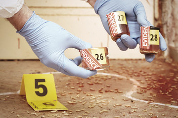 Obraz premium Detail of packing of fly larva to glass on crime scene by police entomologist