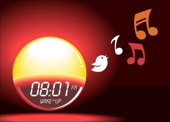 Alarm clock sunrise shining & bird singing timer gadget illustration. Easy waking device