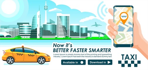 Taxi app banner. City skyline modern buildings hi-tech & taxi cab also smartphone gps map in hand. Concept template of taxi call service for store.