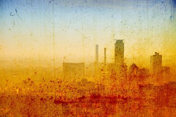 Vintage city skyline in blue and sepia tones. - 143927307