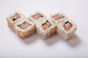 Japanese seafood sushi , roll on a white background