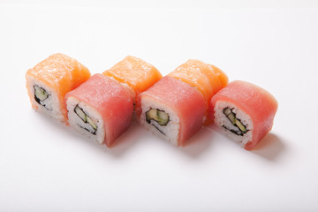 Japanese seafood sushi , roll on a white background