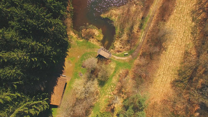Top view of a wooden bridge at the Eutersee. The Eutersee is a little lake in south Hessia, Germany.
