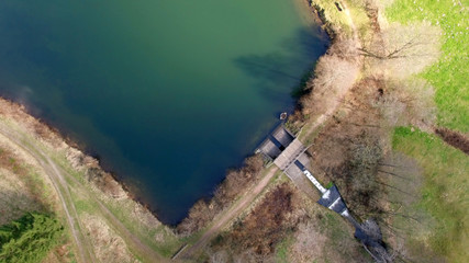 Top view of a wooden bridge at the Eutersee. The Eutersee is a little lake in south Hessia, Germany.
