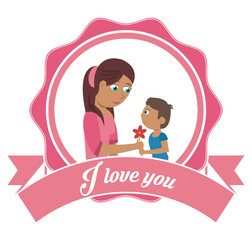 i love you mom card - son gifting flower vector illustration eps 10