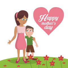 happy mothers day card - mom with son garden flowers vector illustration eps 10