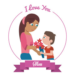 i love you mom card - woman and son gifting flowers vector illustration eps 10