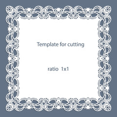 Greeting card with openwork border, paper doily under the cake, template for cutting, wedding invitation, decorative plate is laser cut, vector illustrations.