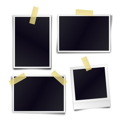 Collection of blank photo frames sticked on duct tape to white background. Template mockups for design. Vector illustration.