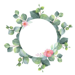 Watercolor wreath with silver dollar eucalyptus leaves and branches.