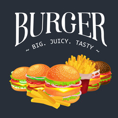 Set of tasty burgers grilled beef and fresh vegetables dressed with sauce bun for snack, american hamburger fast food meal French fries with cold soda brown ice drink vecor illustration background