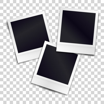 Three photorealistic blank retro photo frames over transparent background. Vector illustration.