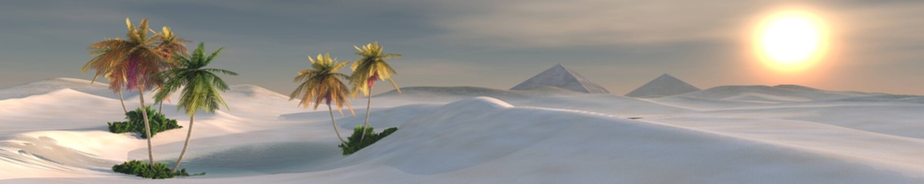 Beautiful oasis in the sandy desert, beautiful desert landscape, desert panorama, 3d rendering