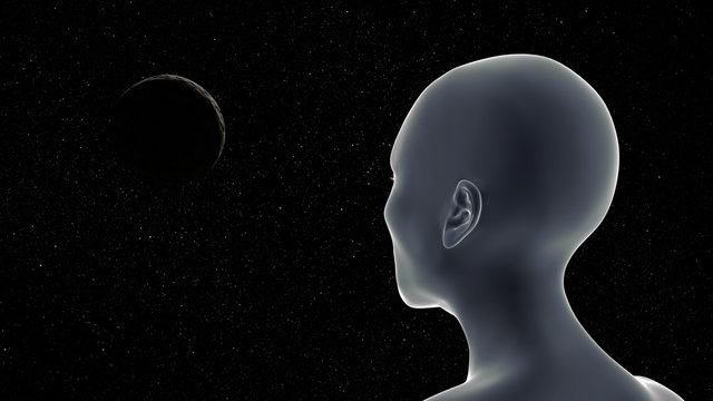 rear view of a human-like alien looking at a rocky planet in deep space (3d illustration)