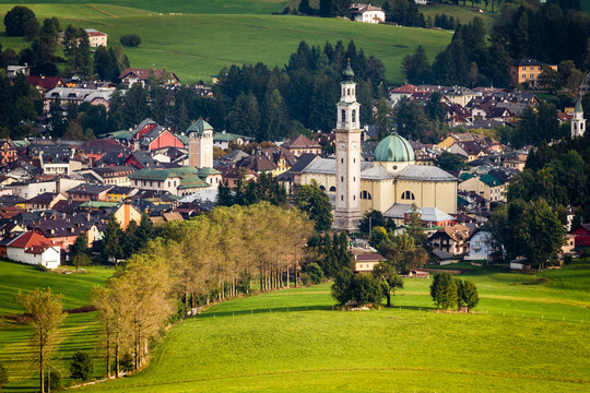 Cathedral, Altopiano of Asiago, Province of Vicenza, Veneto, Italy. Large Church in mountain town.