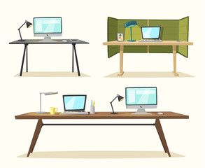 Set of office tables. Cartoon vector illustration.