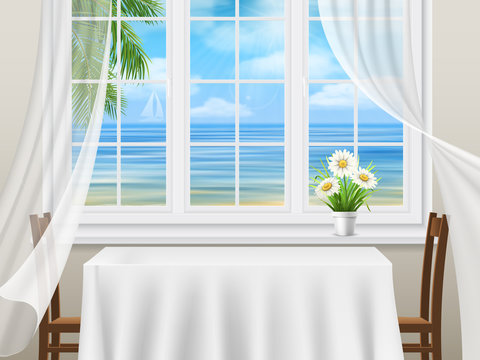 A table and chairs near the window with a beautiful view of the sea coast. Vector travel illustration.