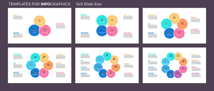 Business infographics. Pie charts with 3 - 8 steps, sections.