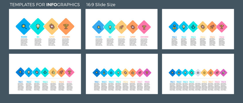 Business infographics. Presentation templates with 4, 5, 6, 7, 8, 9 connected squares. Vector infographic flowcharts, diagrams, timelines.