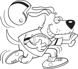 Black and white illustration of a dog playing football.