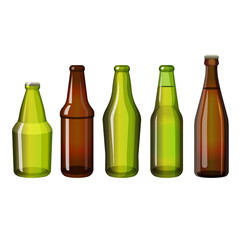 Realistic brown and green bottles of different shape vector illustration