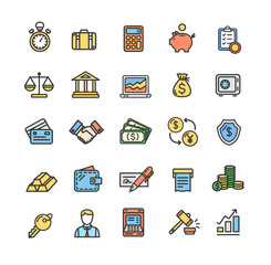 Banking and Accounting Icon Color Thin Line Set. Vector