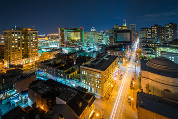 View of Charles Street at night, in Mount Vernon, Baltimore, Maryland.