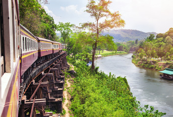 Fototapeta premium Train on Wang Pho Viaduct, Death Railway, Kanchanaburi, Thailand