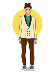 A girl in a beige tuxedo and in brown pants stands on a white background eps 10 illustration