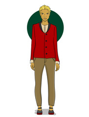 Blonde girl in a red jacket and beige pants stands on a white background eps 10 illustration