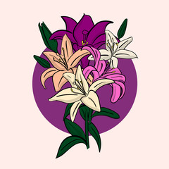 Bouquet of lilac lilies with green leaves on a white background eps 10 illustration