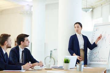Businesswoman pointing at graph on whiteboard during seminar