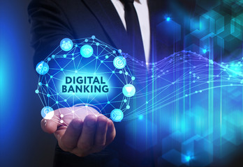 Business, Technology, Internet and network concept. Young businessman working on a virtual screen of the future and sees the inscription: Digital banking