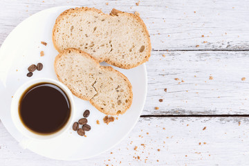 cup of coffee with fresh slice bread on the white table, flat lay, Delicious breakfast