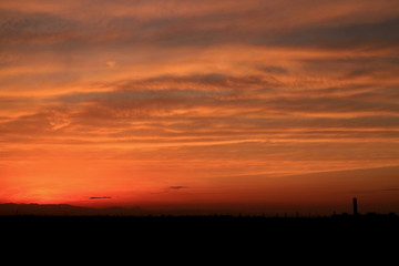 美しく染まるスジ雲と都会の街並み