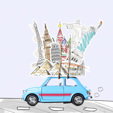 Around the world travel memories. Blue retro toy car with famous monuments on roof.