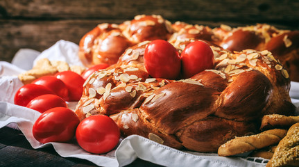 Easter bread and eggs on a table