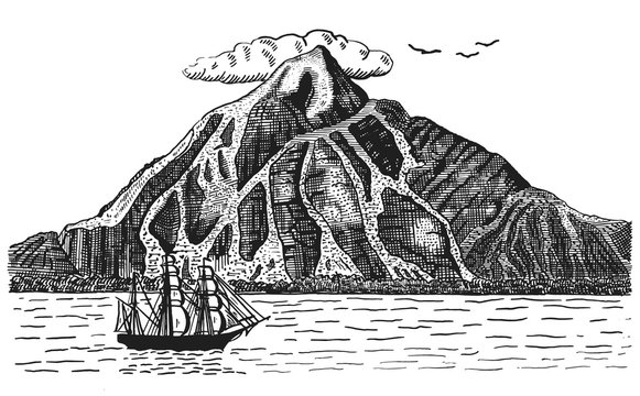 Ocean or sea with ship, sails next to volcano or mountain, hand drawn landscape illustration engraved pirate
