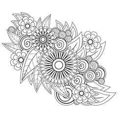 Black and white decorative element for coloring in the form of stylized flowers. Template for embroidery with plant elements.