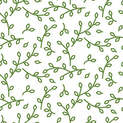 Line style leaves seamless vector pattern on white background. Nature green leaf background.