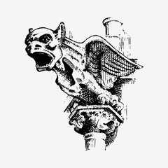 Gargoyle Chimera of Notre-Dame de Paris, engraved, hand drawn vector illustration with gothic guardians include architectual elements, vintage statue medieval