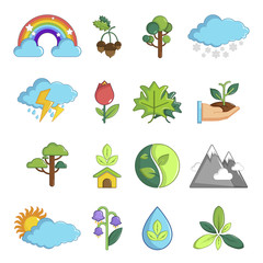 Nature icons set symbols, cartoon style