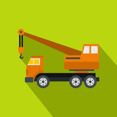 Fototapeta na wymiar Orange truck crane icon, flat style