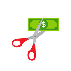 Cutting money, scissors in hands men, cutting dollar banknote Vector illustration